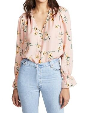 Joie Bolona 100% Silk Long Sleeve Blouse | Blush Sand Floral V-Neck Top M